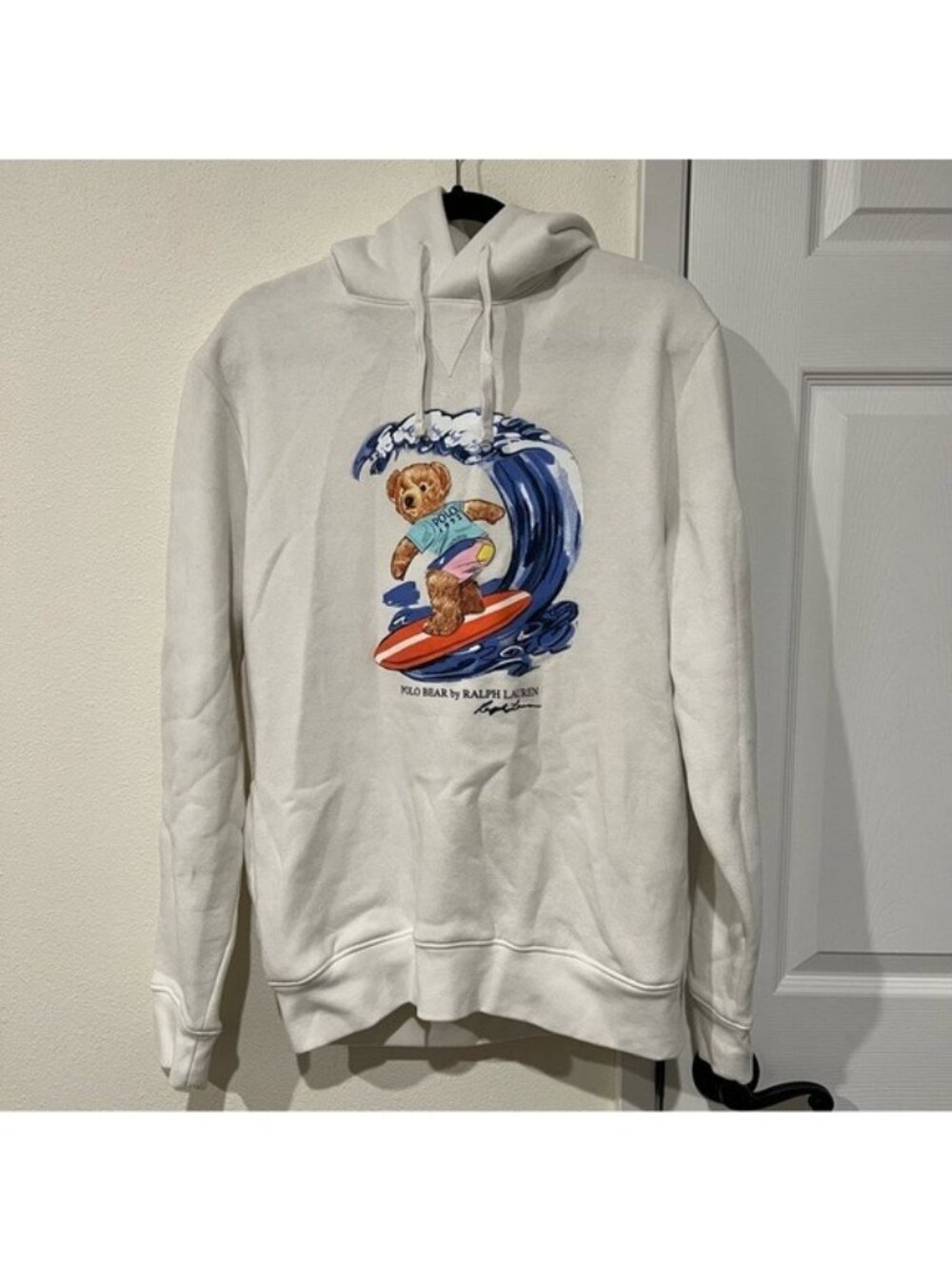 90s Ralph Lauren Polo Bear Surfing Graphic Cotton Hoodie Size M Old Money